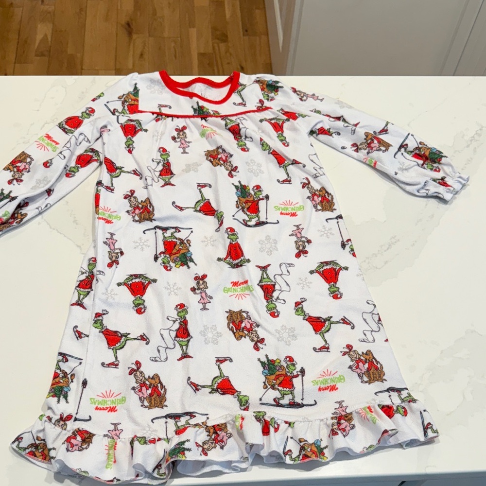 Festive Kids Pajamas Nightgown - White with Red and Green Accents